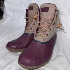 Sperry Saltwater Duck Boots Womens 5 Tan Burgundy Wool Lace Up Fall Winter Rain