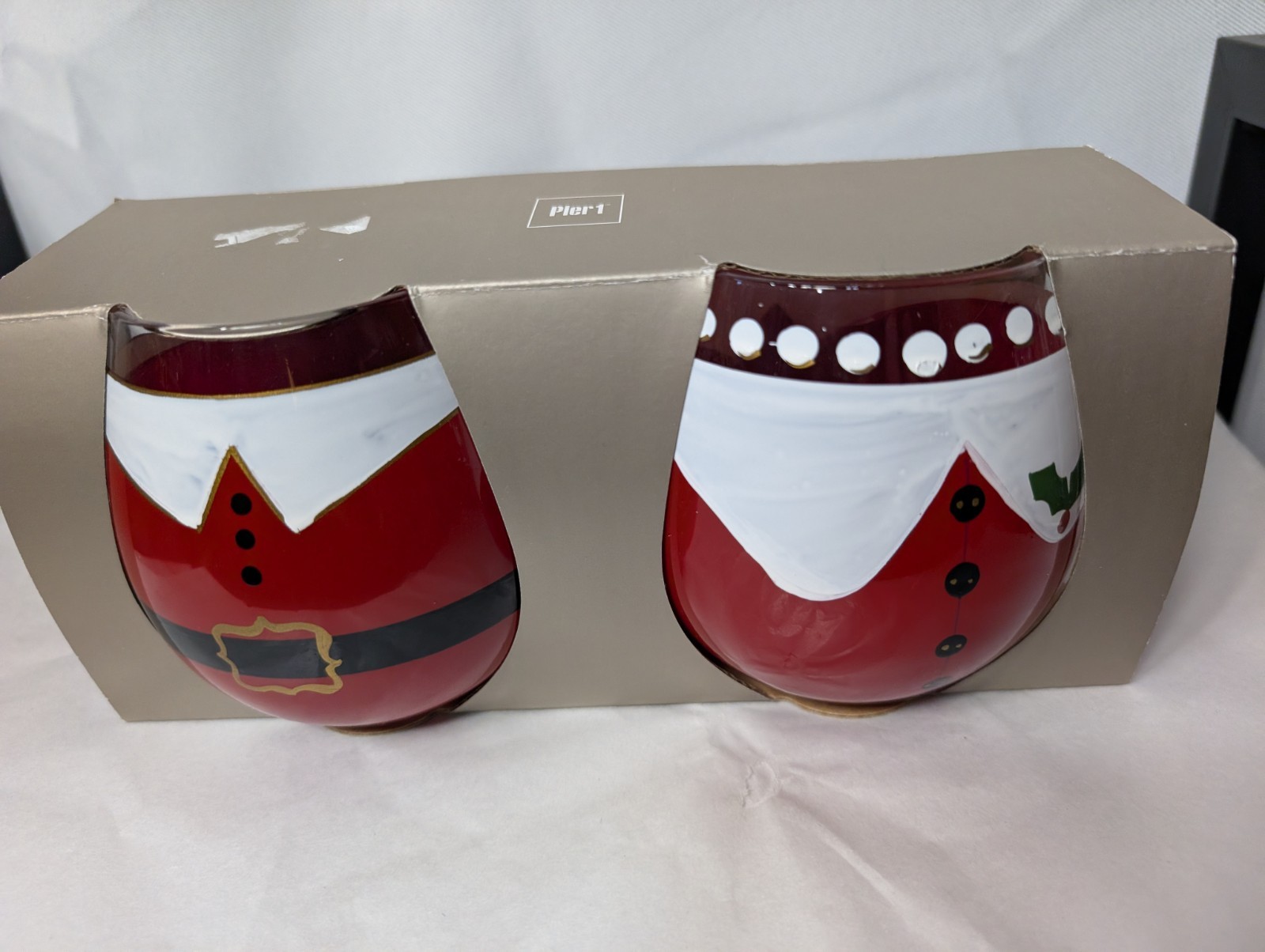 Pier 1 Imports Mr. &  Mrs Clause wine glasses stemless hand painted red outfits