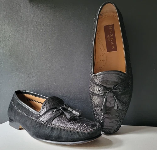 MEZLAN BLACK GENUINE OSTRICH LEATHER & SUEDE LOAFERS Pristine Condition