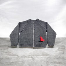 VTG 50s 60s Cowichan Sweater Kids 4T Wool Full Zip Sail Boat Knit Cardigan