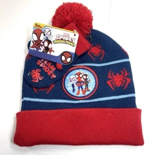 NWT MARVEL SPIDEY Knit Stocking Hat and Mittens Red Blue Toddler Size