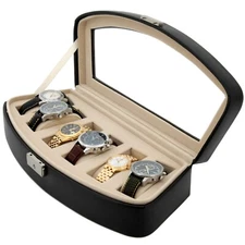 Rounded Leather Watch Box Storage Case Glass Lid for 6 Watches Black