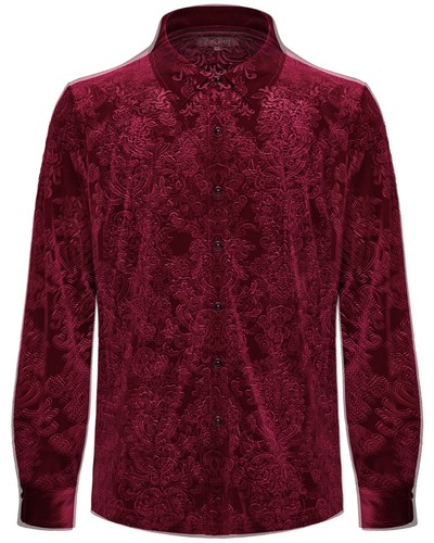 Punk Rave Mens Gothic Aristocrat Embossed Velvet Damask Shirt - Red - Picture 2 of 13