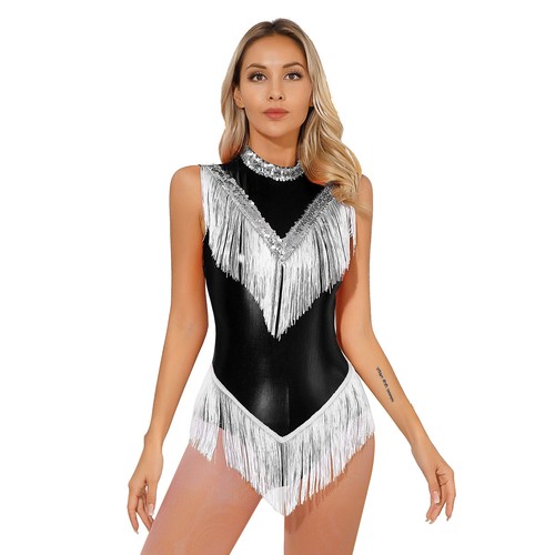 Women's Sequins Metallic Cocktail Tassel Dance Dress Fringed Costume Leotard - Picture 48 of 68