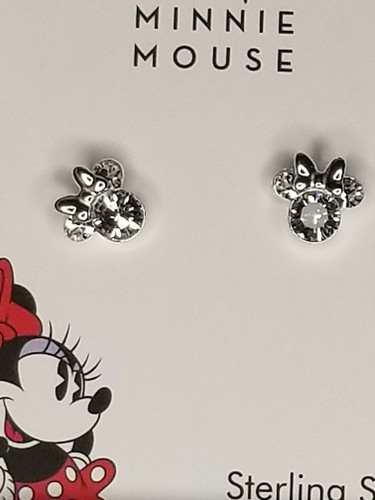 DISNEY Minnie Mouse Clear Crystal Sterling Silver Stud Earrings W/Trinket Dish - Picture 3 of 9