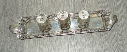 Mexico/Mexican Sterling Silver Overlay 3 Shot Glasses on a Silver Tray Rose - Picture 7 of 16