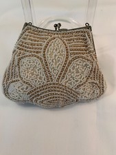 Vtg Creamy White  Bronze Seed Pearl Bead Beaded Evening Bag Purse Flower Design