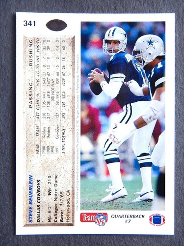 Steve Beuerlein 341 Upper Deck 1992 Football Card Dallas Cowboys VG 