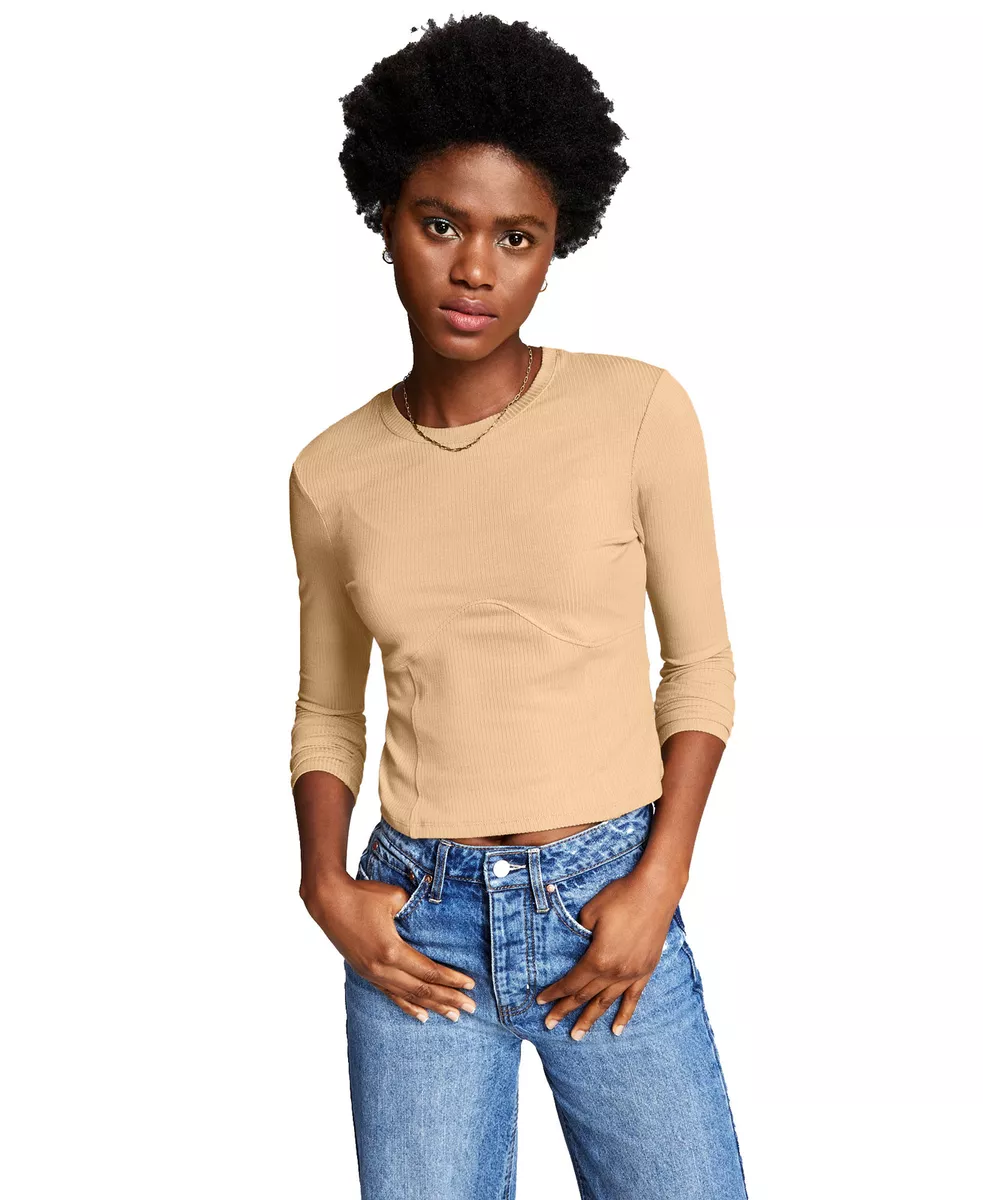 And Now This Women's Corset Long Sleeve Knit Top (Small, Camel Brown)