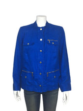 Chico's Sz 1 M Royal Blue 100 Linen Pockets Long Sleeve Lightweight Jacket