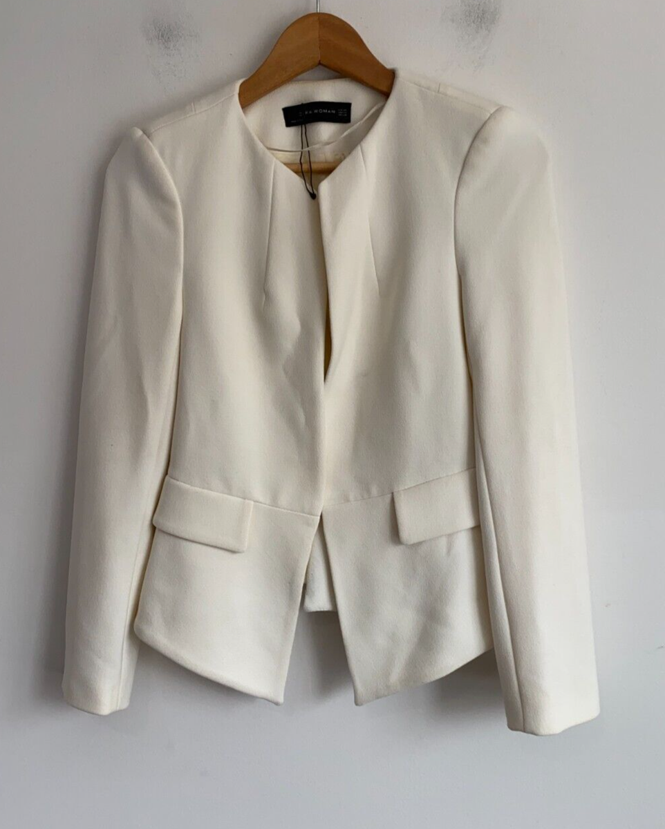Zara Blazer Jacket Womens XS White Peplum Open Front Long Sleeve