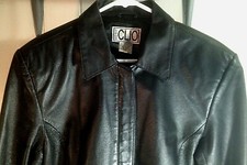 Clio Women's Black 100% Leather Jacket Size 14 Full Zip Padded Shoulders