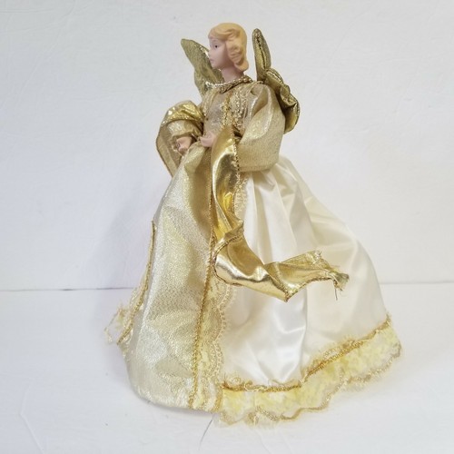 10" Angel Tree Topper Ceramic Head Blonde Gold Wings Dress Lace Holiday Ornament - Picture 7 of 8