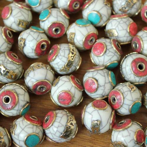 BD250 Nepal Handmade Beads Brass Shell Tibet Mantras 17mm Round DIY Beads 10 PCS - Afbeelding 1 van 6