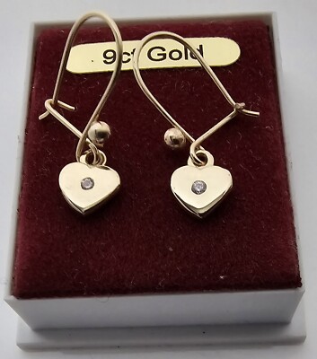 9 carat yellow gold 375, small heart  earrings , with long hook wires, cz set.