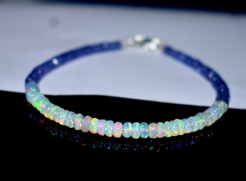 925Sterling Plata Natural Azul Tanzanita & Etíope Ópalo 7" Cuentas Pulsera 2219 - Imagen 5 de 5