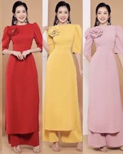 Pink, Red, and Yellow Ao Dai Vietnamese Tay Thy Silk Long Dress with pants 0239