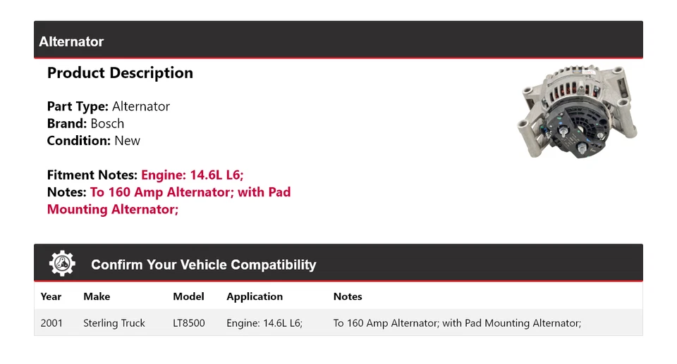 Alternador Bosch para camión Sterling LT8500 2001 14,6 L L6 (nuevo) Foto 2 de 4