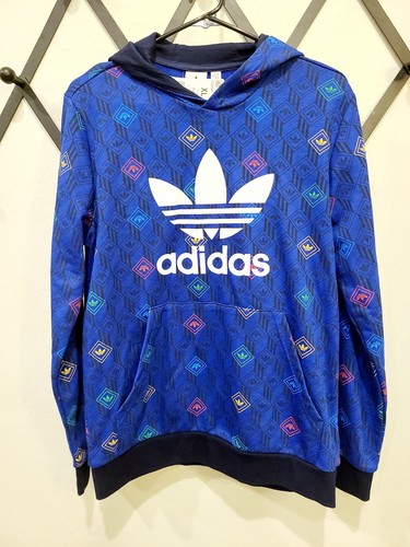 Adidas Hoodie Boys XL Fleece Blue Print Pullover Trefoil Monogram Logo Junior - Picture 2 of 3