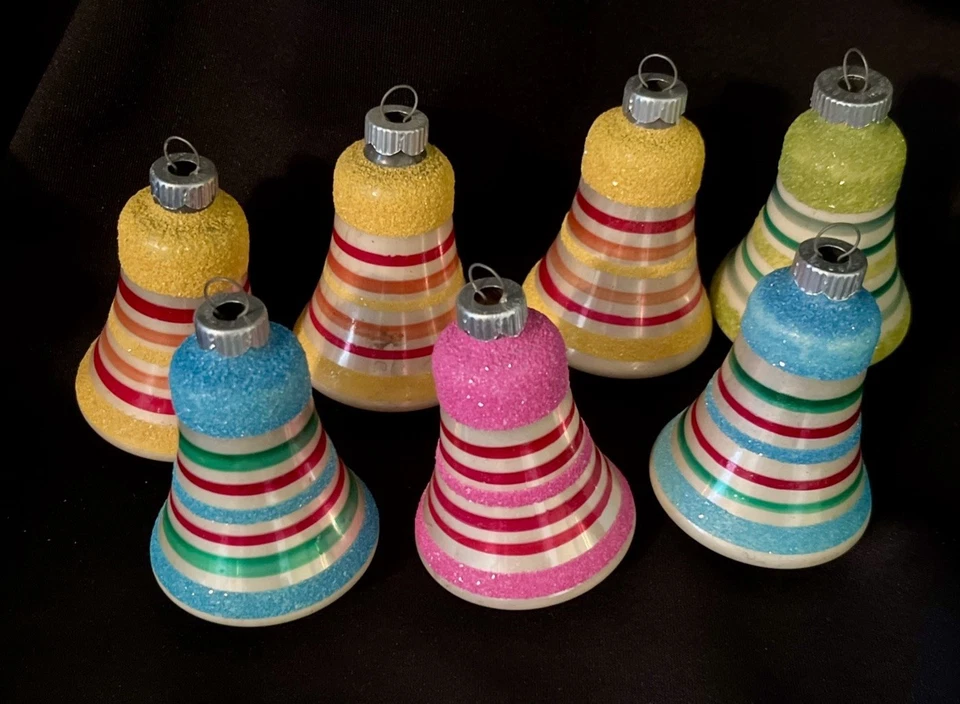 7 Vintage Mica Striped Mini Glass Bell Christmas Ornament ~ Shiny Brite ~ No Box - Image 2 of 4