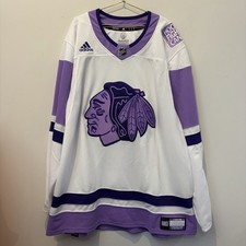 Chicago Blackhawks Hockey Fights Cancer Adidas Jersey Size 56 Purple White