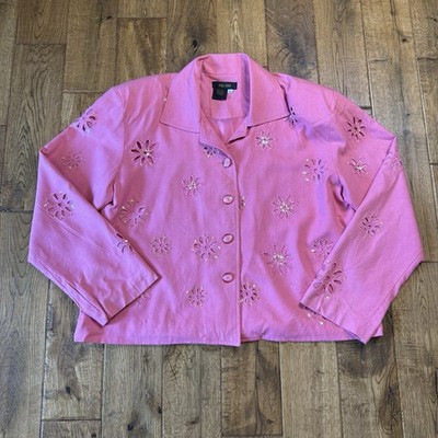 Bala Bala Womens 100% Silk Blazer Pink Eyelet Flower Sequin Embroidered Women XL