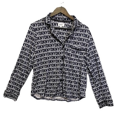 DKNY Women s S Navy Logo Print Two-Piece Pajama Set Long Sleeve Top Pants NWT￼