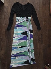 Vintage 70s Mod Maxi Dress Empire Waist Geometric Print Black Long Sleeve Boho