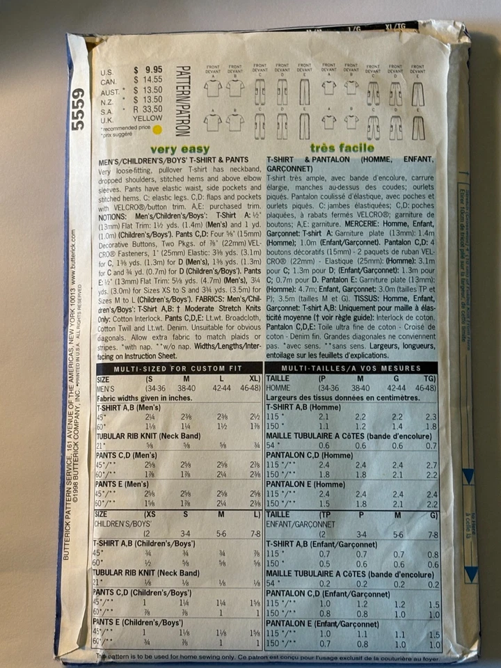 New Uncut FF Men's 34-48 & Boys 2-8 T Shirt & Pants Sew Pattern, Butterick 5559 - Image 2 of 2