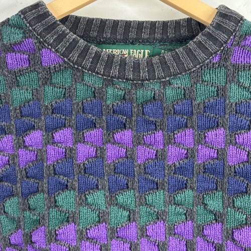 VTG 90s American Eagle 3D Knit Sweater L Cosby Eclectic Grandpa Retro Purple Y2K - Picture 2 of 9