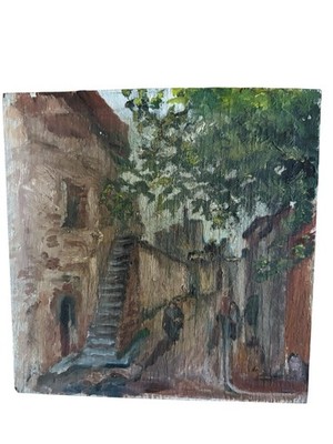 Sehr guter Zustand Lack auf Karton 19. Jh.? Dorfszene Industrie Hintergrund V Assured 15x12cm