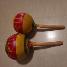 Vintage Pair Puerto Rico Tourist Maracas Hand painted Wood Rumba Shakers USED