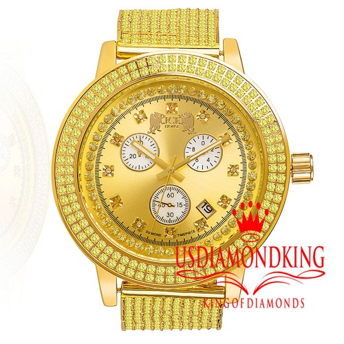 Yellow Gold Tone Canary Khronos Watch Genuine Diamonds Dial Stones 55mm - Picture 2 of 6