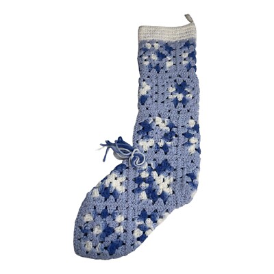 Vintage Crocheted Christmas Stocking Granny Square 2 Sided Pale Blue White Bell