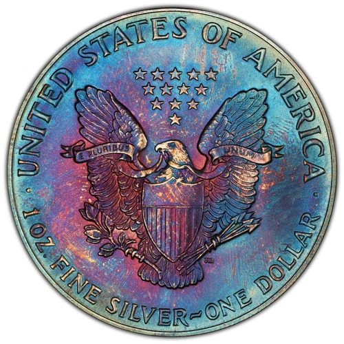 1986 Silver Eagle MS68 PCGS Monster Toned Amazing coin Very Rare Gold Shield