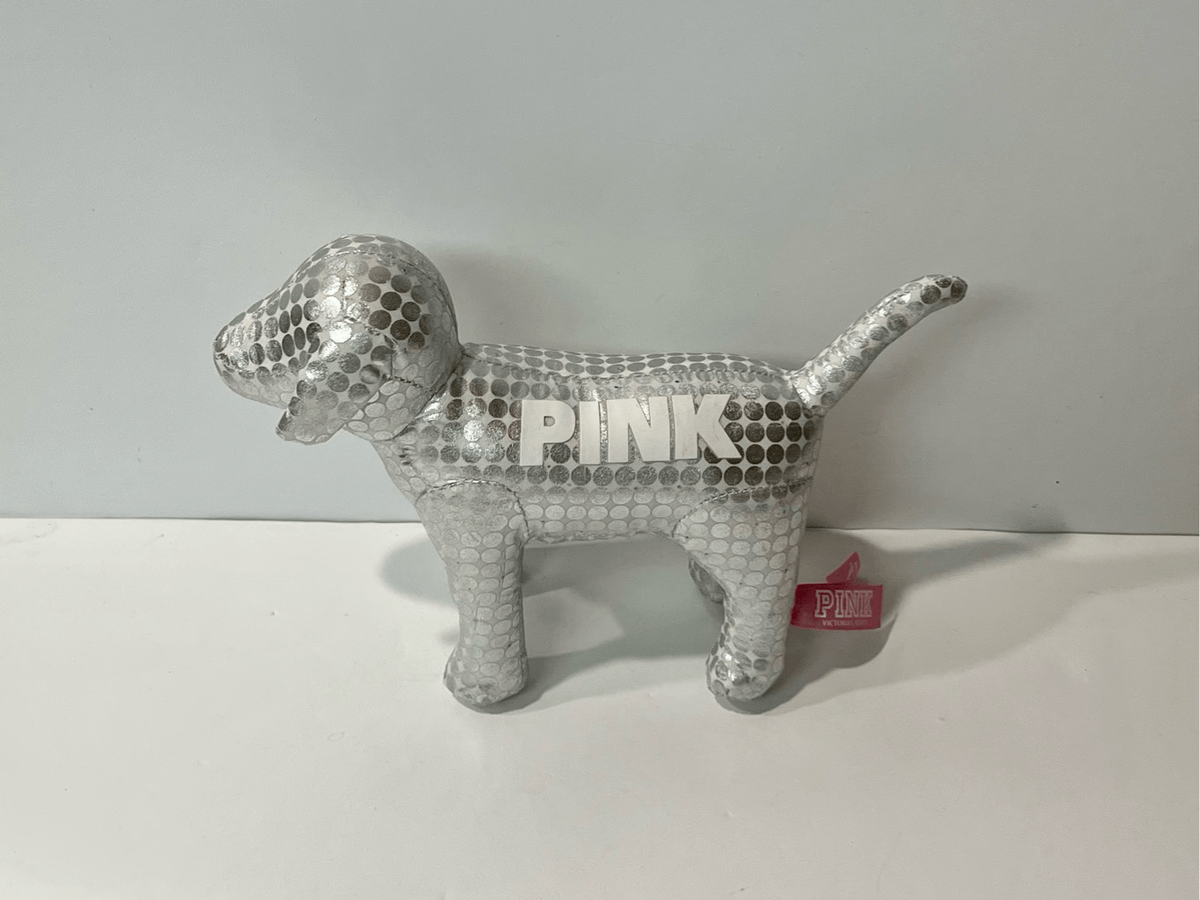 PINK Victoria Secret Silver Metallic Polka Dot Dog 8.5” Shiny A41