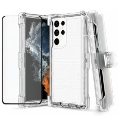 Clear White For Samsung S21 S21+Ultra Transparent Defender Case W/Clip & Screen