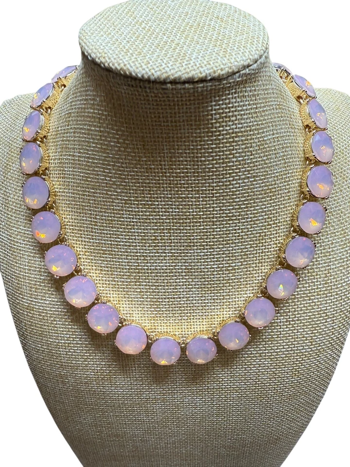 Conjunto de collar de cristal ópalo rosa tono dorado bisel facetado dinero antiguo formal Foto 4 de 4