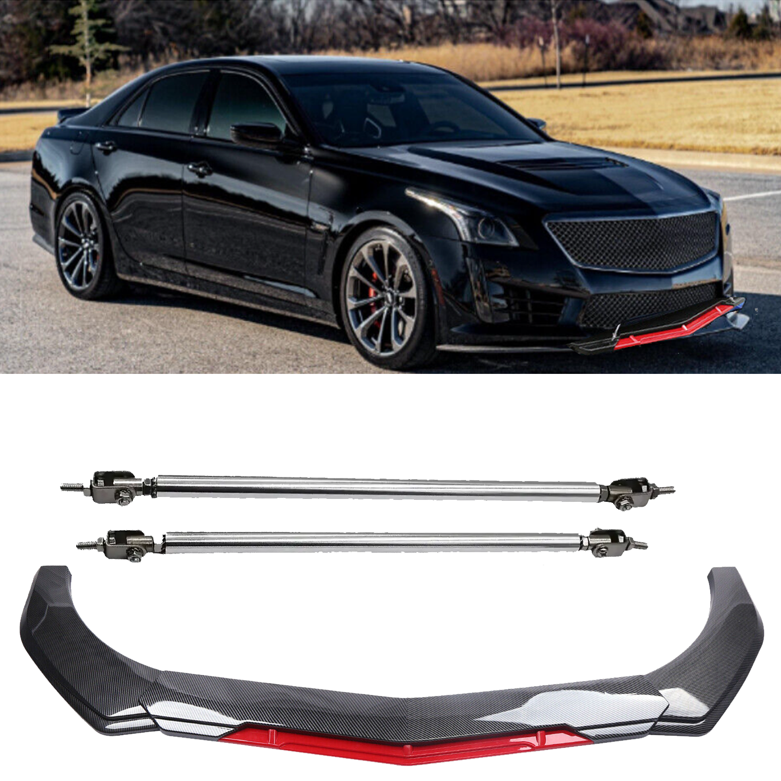 Cadillac CTS ATS Carbon Fiber Front Bumper Lip Spoiler Splitter Strut Rod