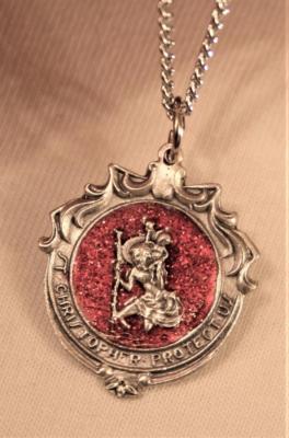 Striking Festooned St. Christopher Small Red Glittery Finish Medal Necklace