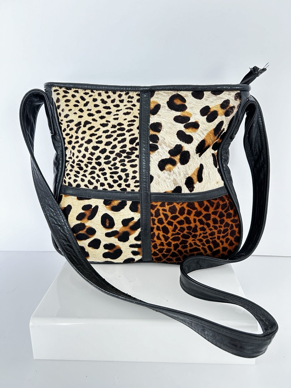 PONY Borsa a tracolla vintage Samir in pelle nera tracolla stampa animalier leopardata retrò