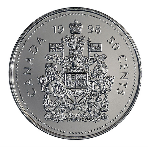 1998 W Canada 50 cent -from PL set- Classic Coat of armsWinnipeg minting- nickel - Picture 2 of 2