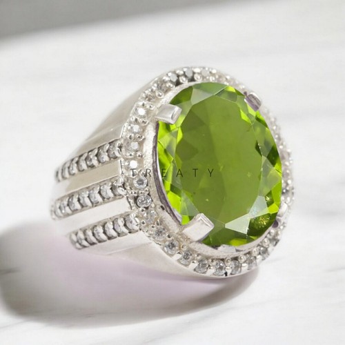 Oval-Cut Peridot Stone Custom Men's Pinky Ring In Sterling Silver P 15793