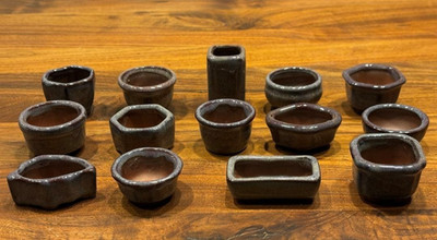 Japanese Bonsai pot Purple glazed MAME Set of 14 Various shapes w/ Net w1'' *309