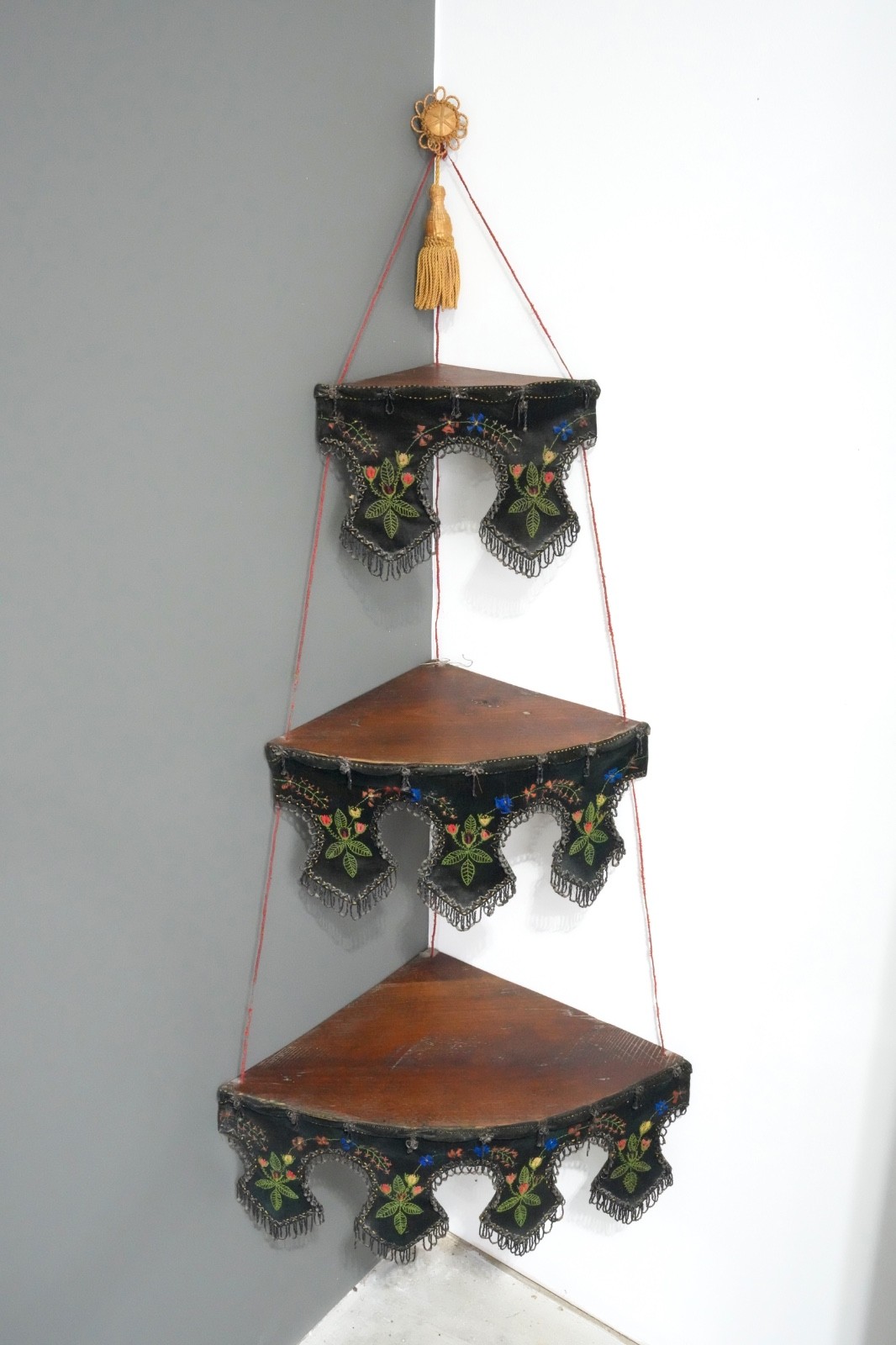 Victorian Antique Walnut Etagere Beaded Fridge hanging corner Display Stand RARE