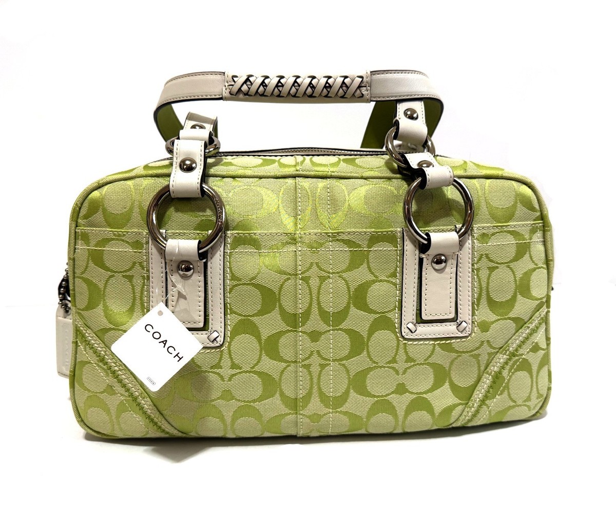 RARE COACH Y2K SOHO LG PEAR GREEN SIG C WHITE LEATHER TOTE BAG