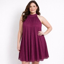 Nine West Halter Dress Women XXL Purple Metallic Shimmer Pleated Cocktail Glam