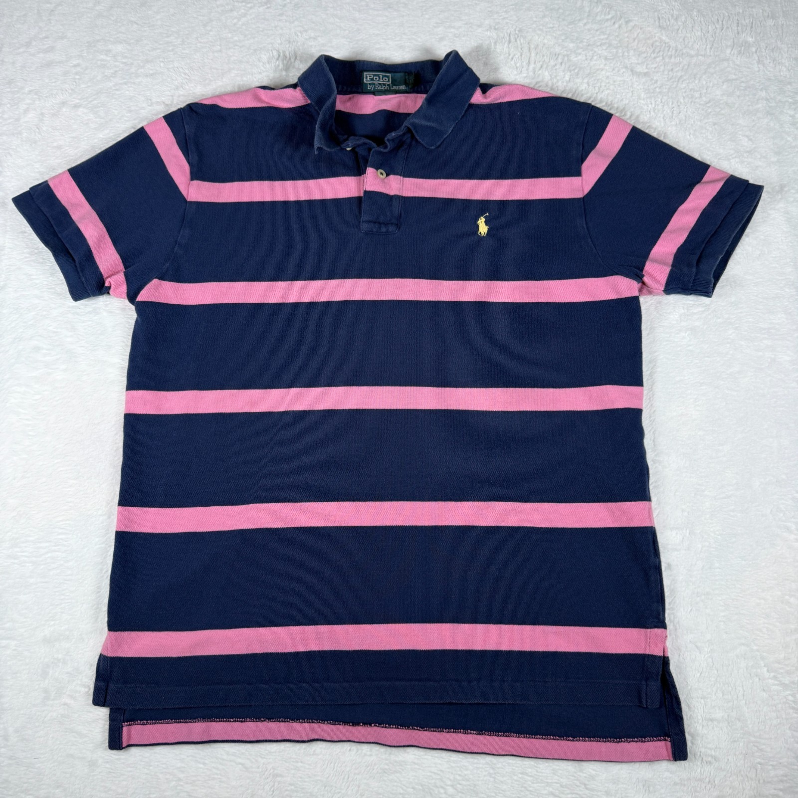 Vintage Ralph Lauren Polo Shirt L Navy Pink Stripe Vintage Short Sleeve Cotton