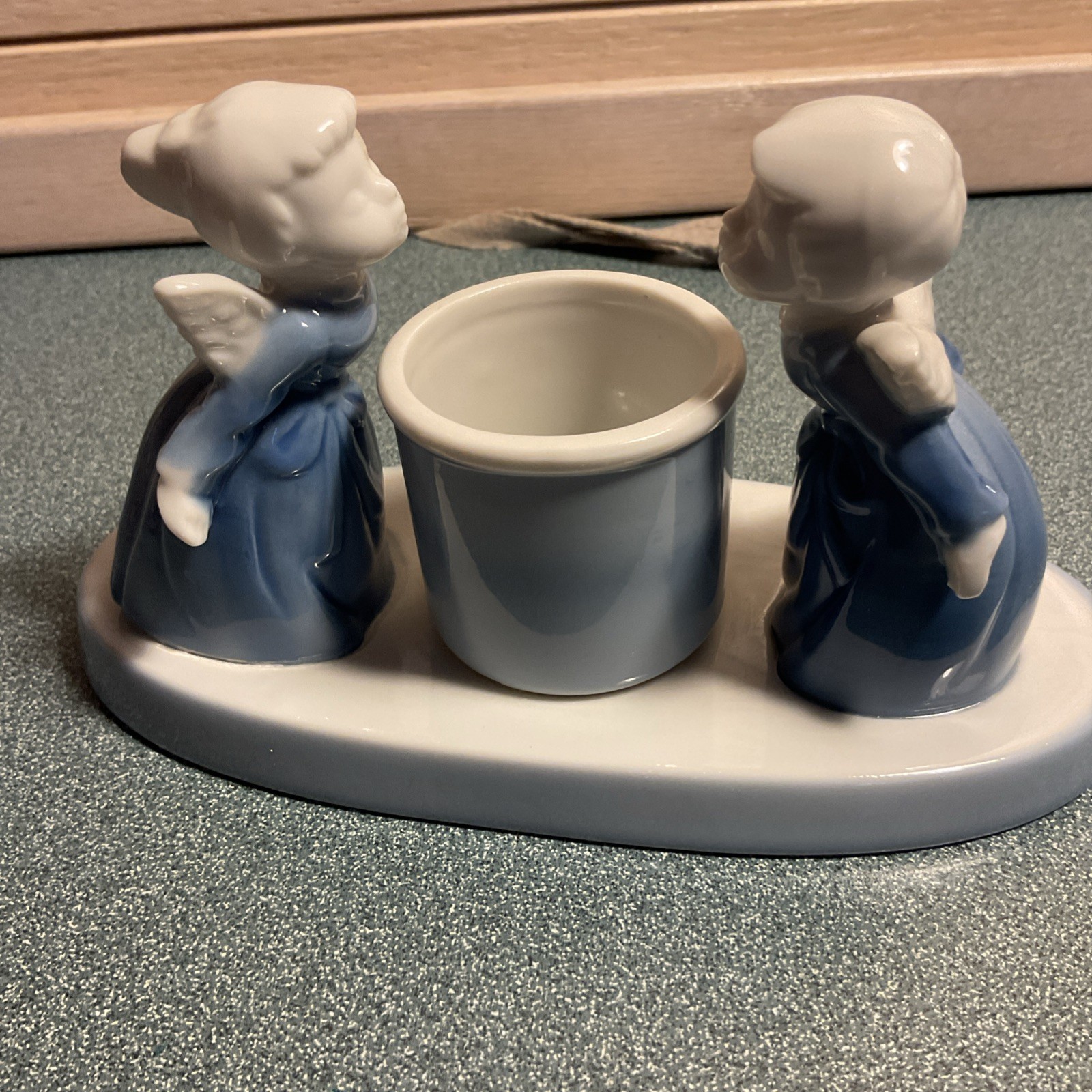 Blue and white ceramic angel kiss candle holder