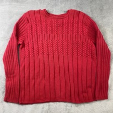 VTG Talbots Sweater Womens L Red Cable Knit Ribbed Cotton Crew Neck USA Made